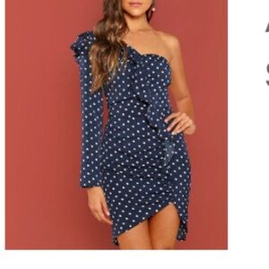 One Shoulder Asymmetrical Polka Dots Navy Blue Dress